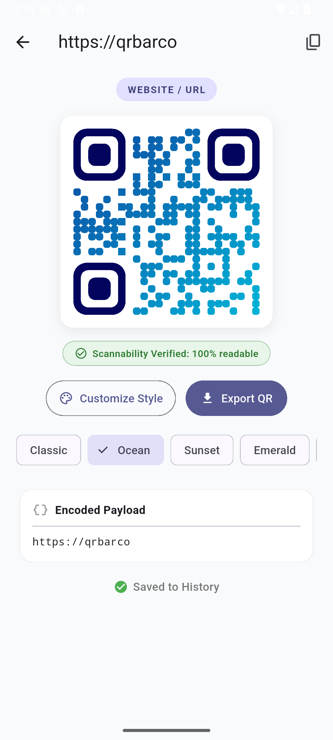QR & Barcode Studio live UI with styled QR code, custom eyes, and Scannability Radar
